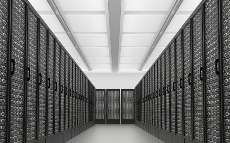 An image of a massive row of servers in a hyperscale data center.