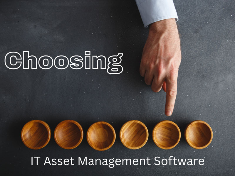 An image of a hand pointing at one cup among a row of six cups. Below the cups is a label that says "IT Asset Management Software"