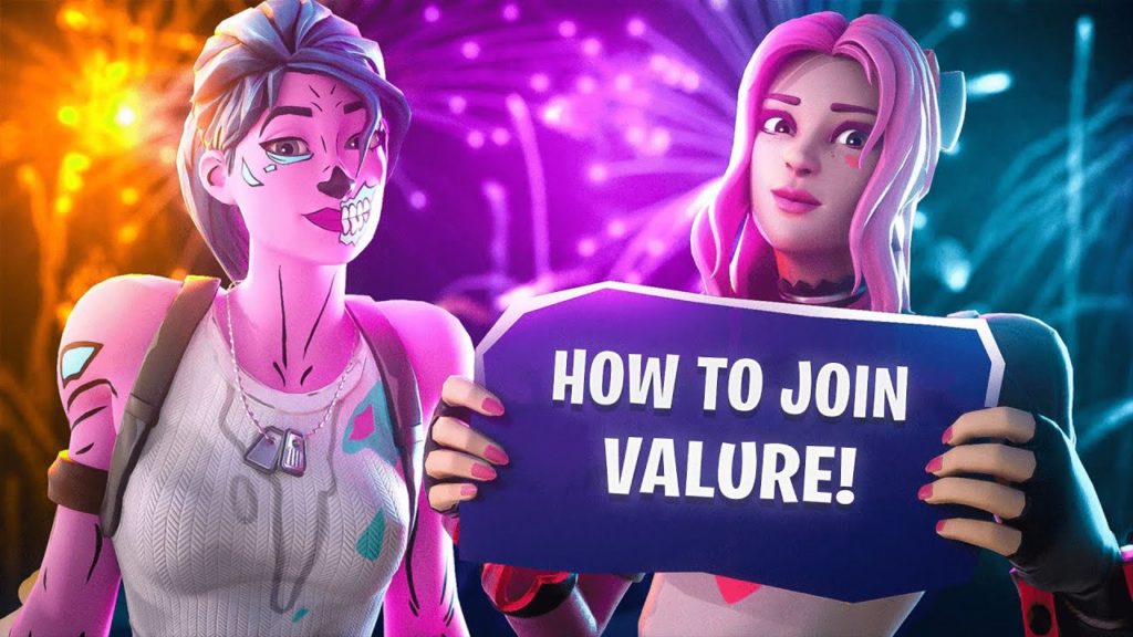 Fortnite characters holding a sign that reads, "how to join value!"