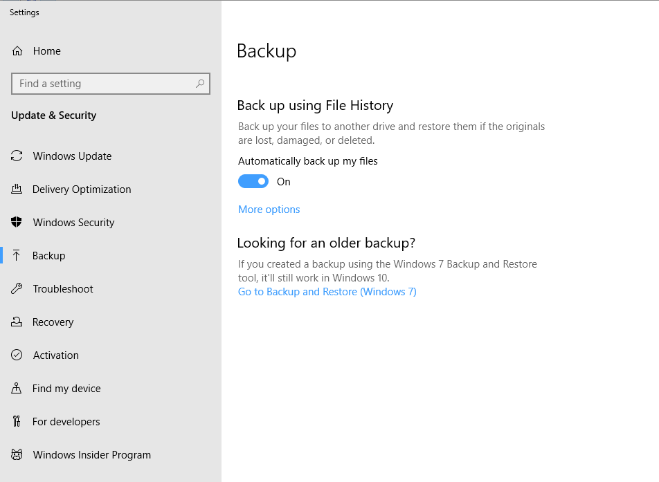 Screenshot of the Backup tab in Windows Settings.
