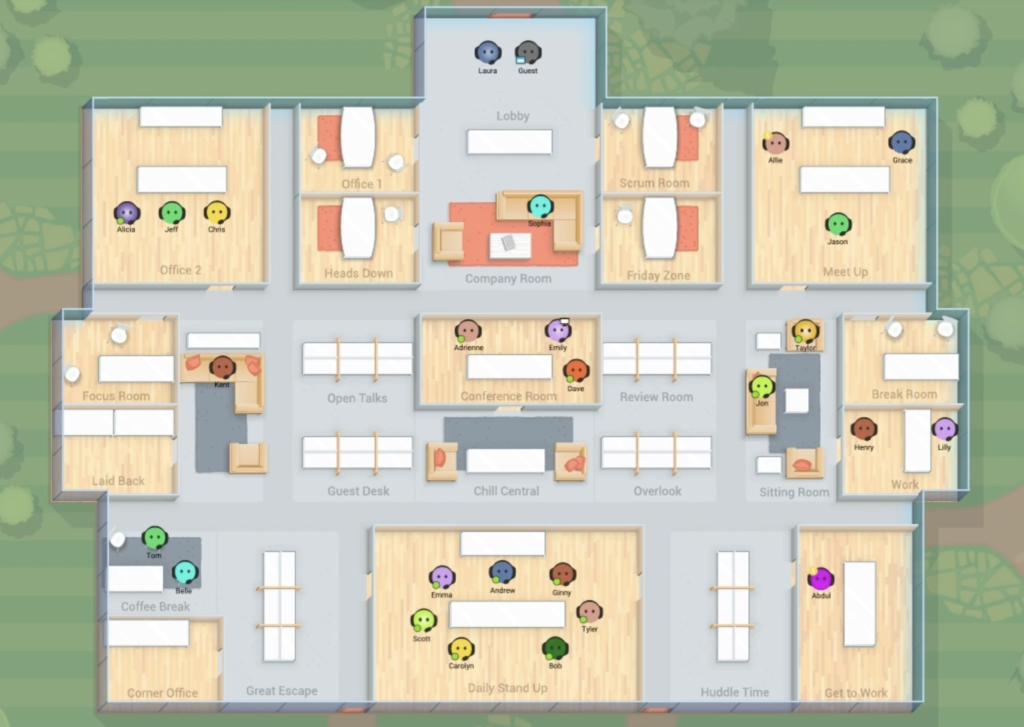 Image of a virtual office with a variety of office rooms and avatars.
