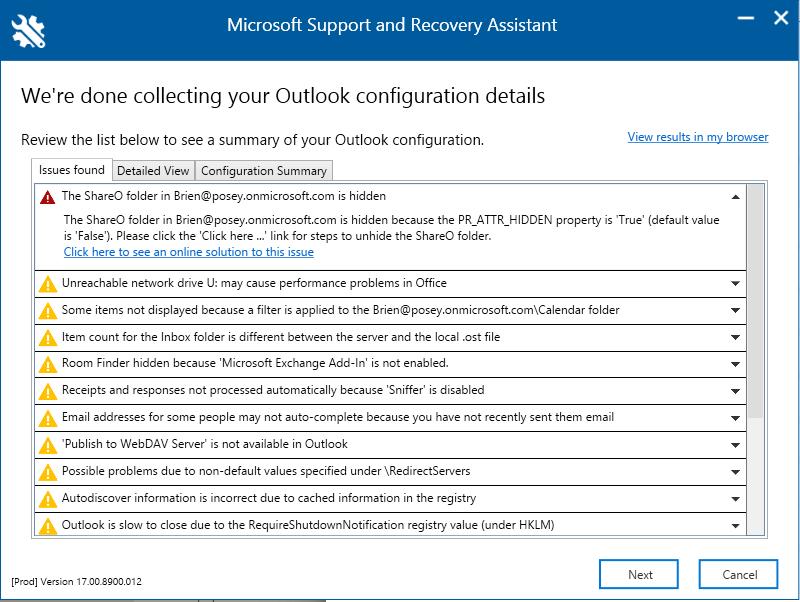 Screenshot of a window in Microsoft Support and Recovery Assistant showing a list of issues in archive mailbox synchronization.