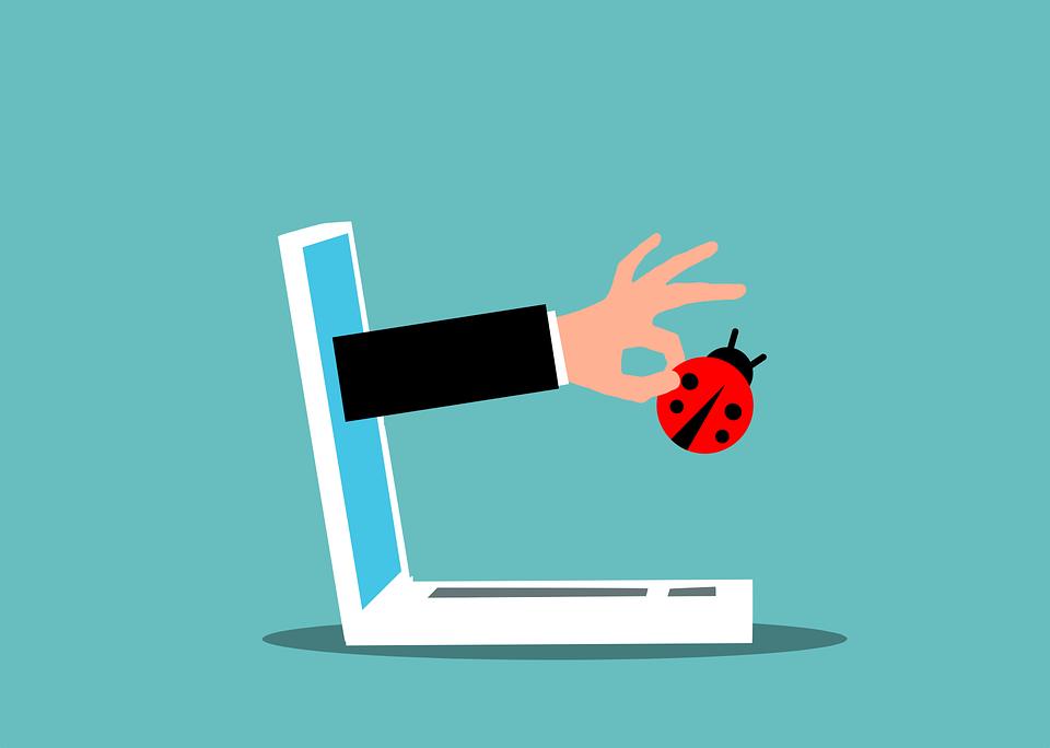 Illustration of a hand coming out of a laptop screen holding a ladybug.
