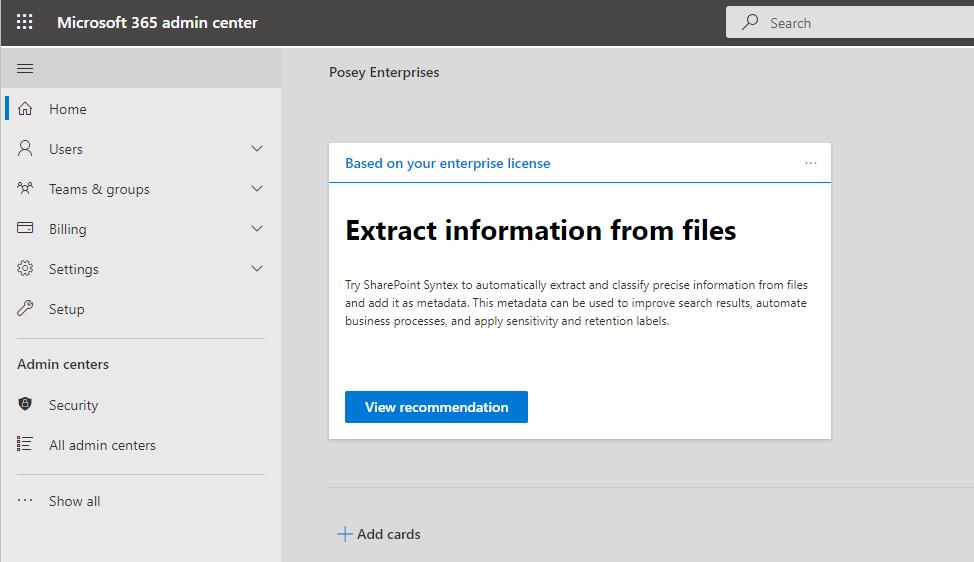 A screenshot of the Microsoft 365 Admin Center.