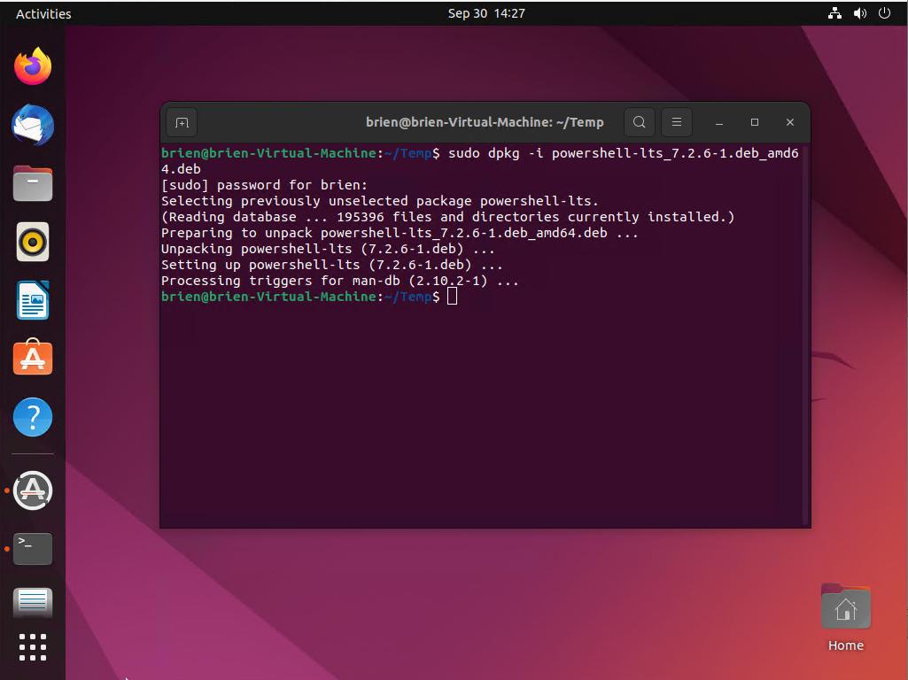 A screenshot of a Linux virtual machine extracting the contents of a PowerShell package.
