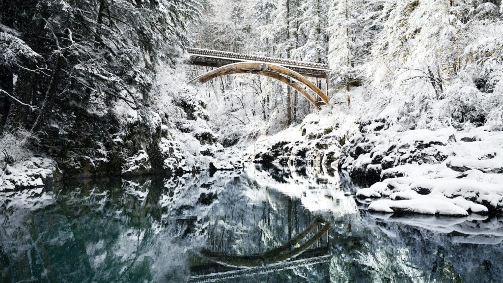 An image of a bridge on a snowy mountain above a river and amongst trees.