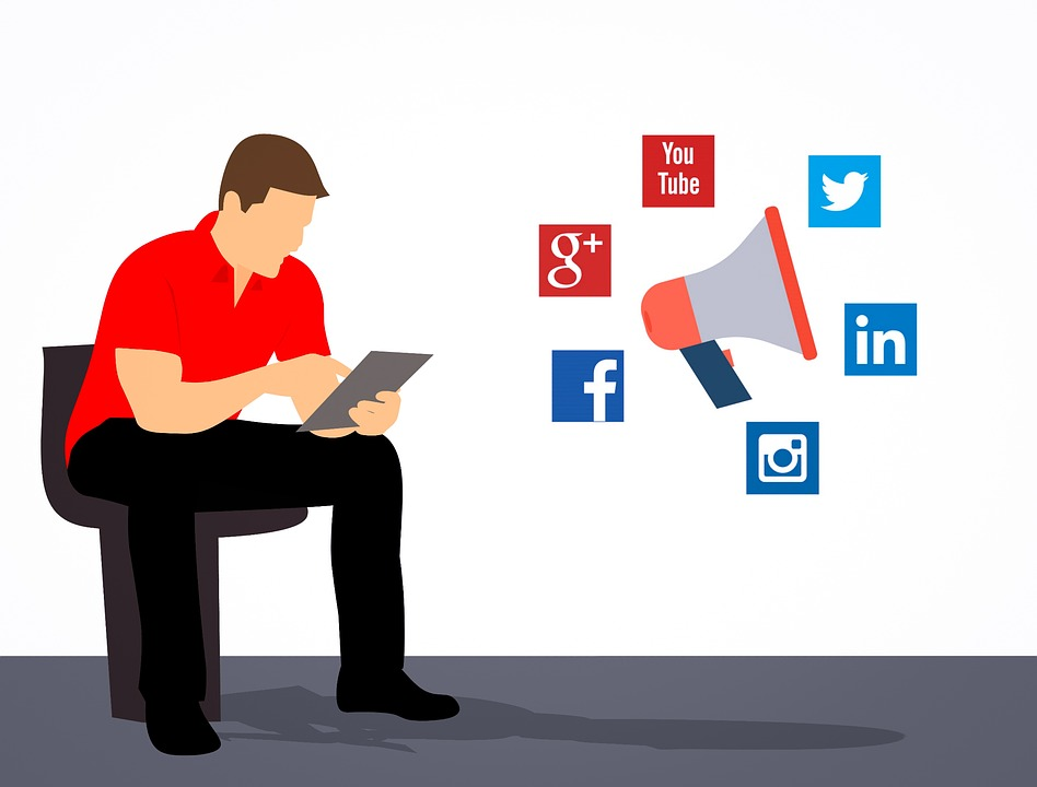An image of a man sitting on a chair using a smart device. On the right is a megaphone surrounded by icons of social media websites such as YouTube and LinkedIn.