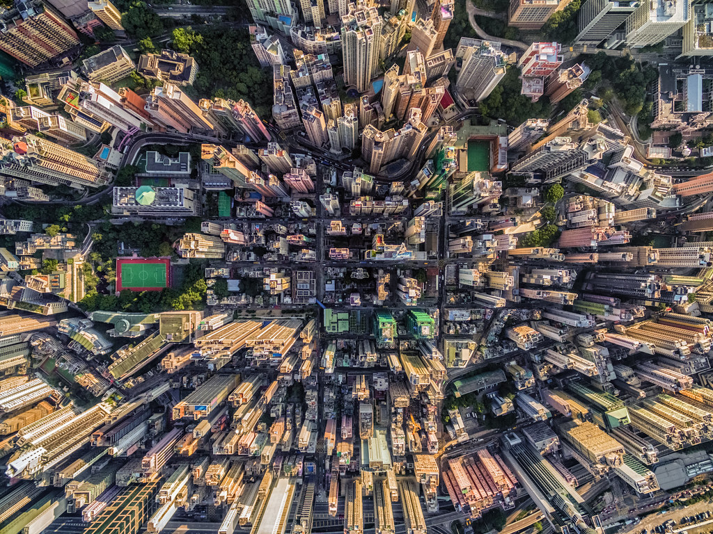 Ariel image of crowded buildings in a city.