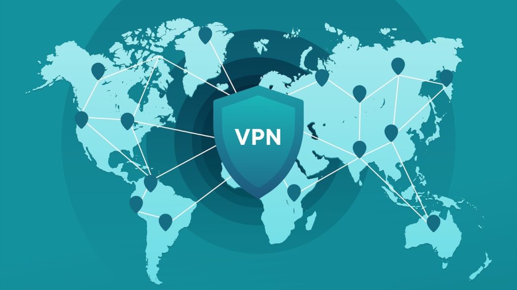 A graphic image of the world map with a shield saying VPN on top.
