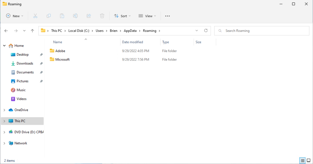 Image of the Roaming folder contents. Two folders are present called Adobe and Microsoft respectively.