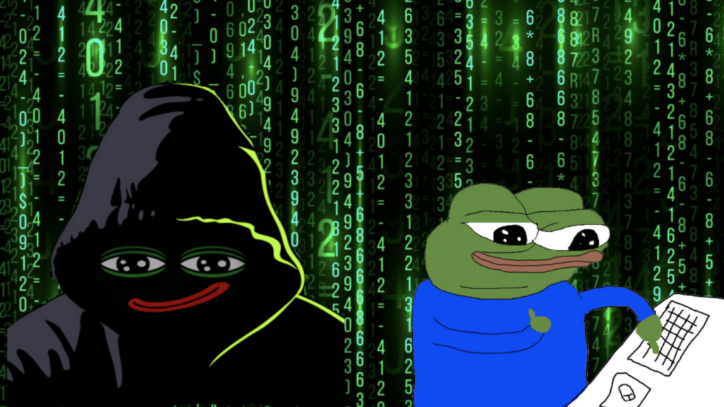 Image of computer Pepe sending his backup seed phrase to a hooded hacker Pepe because his discord DM said so.