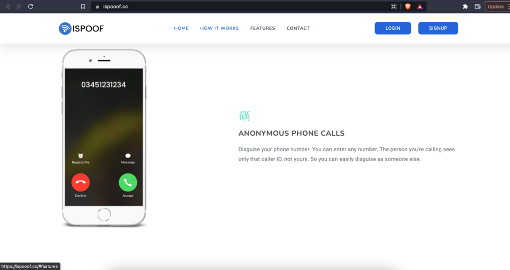 Image of the iSpoof website showing a claim to provide anonymous calls and a picture of a phone with a call flashing.