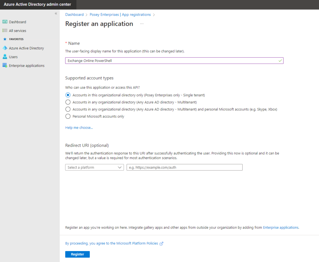 Screenshot showing the App Registration page in the Azure Active Directory Admin Center.