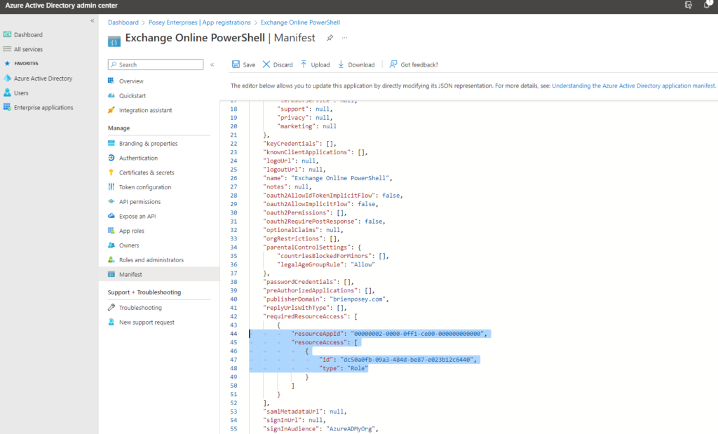 Screenshot showing the application manifest in the Azure Active Directory Admin Center.