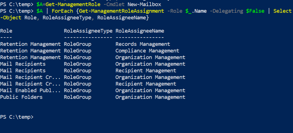 Screenshot showing PowerShell running a command to show the roles required to use the New-Mailbox cmdlet.