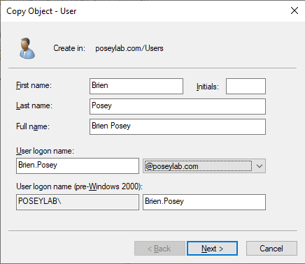 Screenshot of the Copy Object User widow.