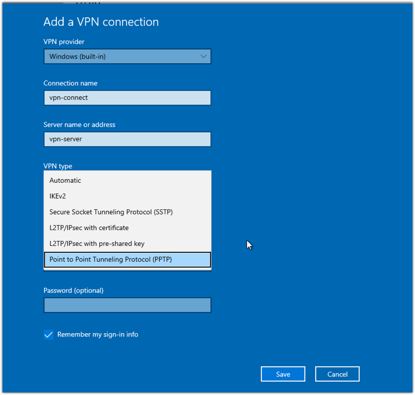 Screenshot showing the "Add a VPN connection" dialog on Windows Server 2022.