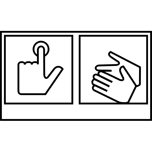 Illustration of a button being pressed on the left and two hands cleaning each other on the right.