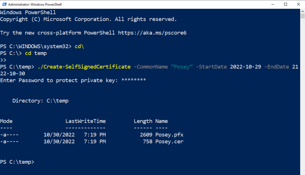 Screenshot showing PowerShell running a command to create a self-signed certificate.