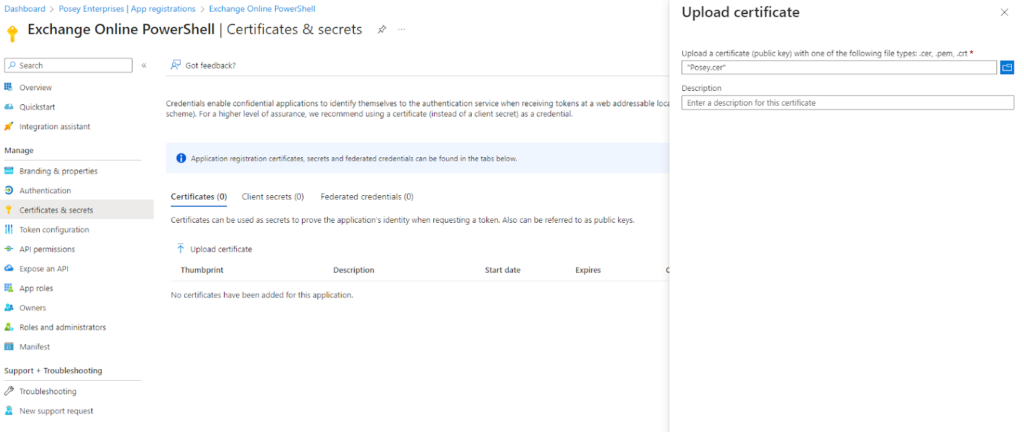 Screenshot showing the PowerShell Certificates & Secrets tab in the Azure Active Directory Admin Center.