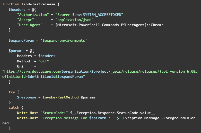 A screenshot of a PowerShell function to call back an API.