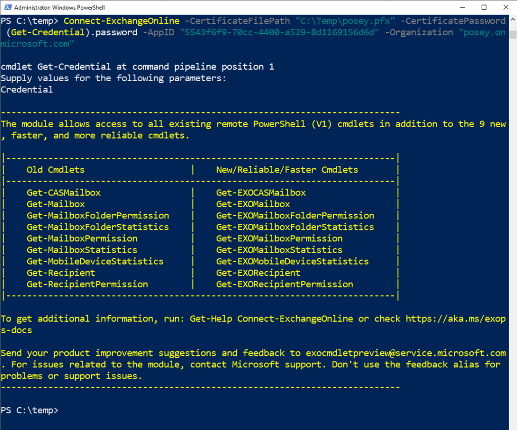 Screenshot showing PowerShell using certificate-based authentication to connect to Exchange Online.