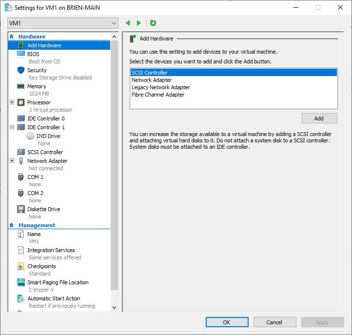 Screenshot showing the Settings window for a specific virtual machine called VM1.