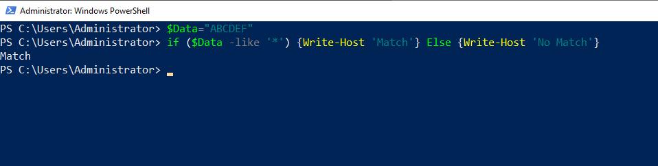 Image of a PowerShell if statement using an asterisk wild card.