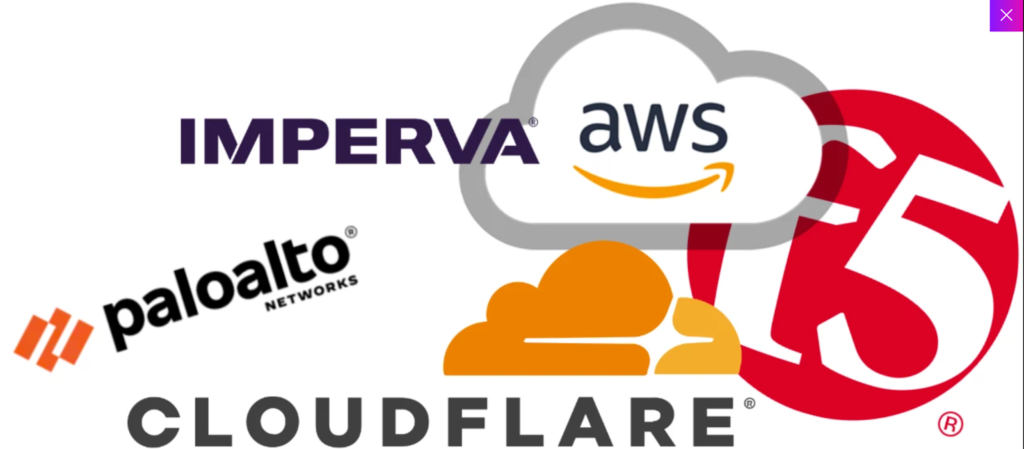 The image shows logos of AWS, Imperva, Palo Alto, Cloudflare, and F5 against a white background.