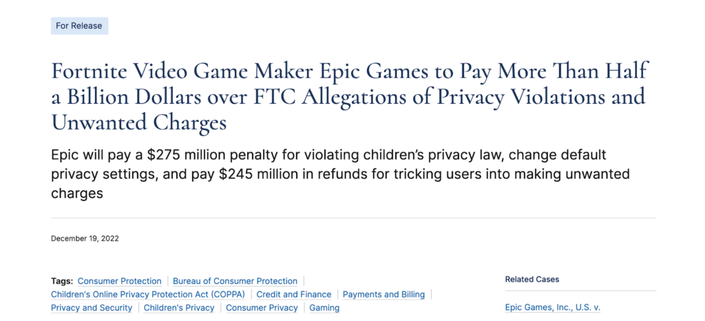The image shows the official FTC page, announcing the half-a-billion fine against Epic Games. 