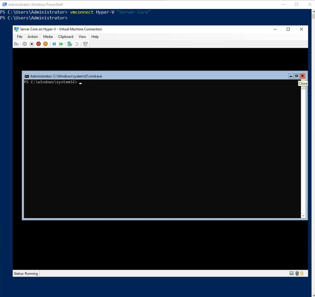 Screenshot of VMConnect connecting directly to the remote session.