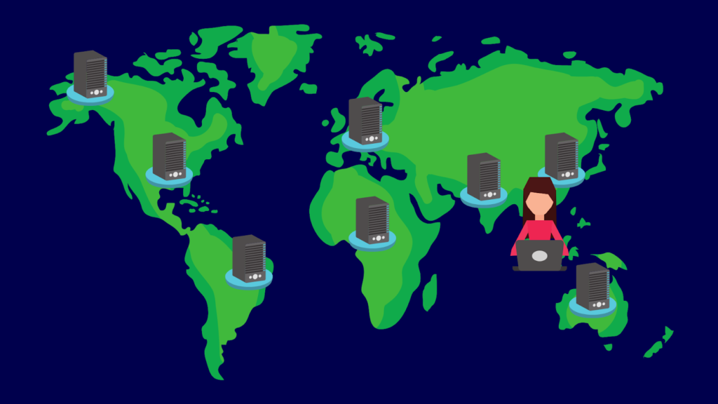 Illustration of a remote worker and multiple VPN servers.