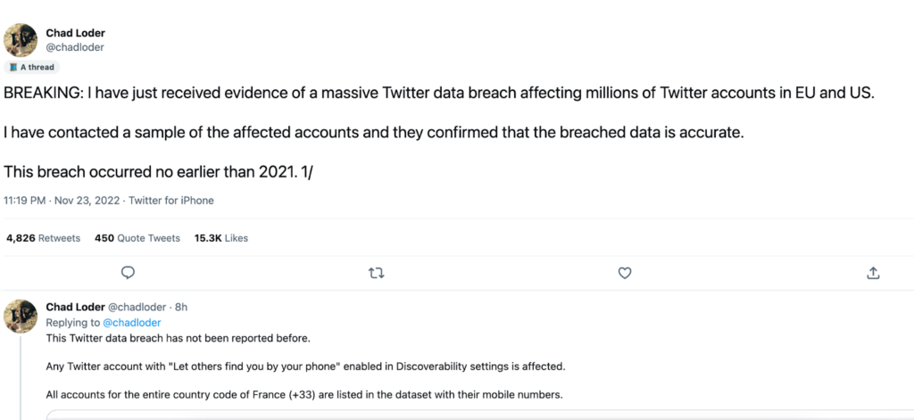 The image shows an archived Twitter thread from Chad Loder accusing Twitter of covering up a data breach. 