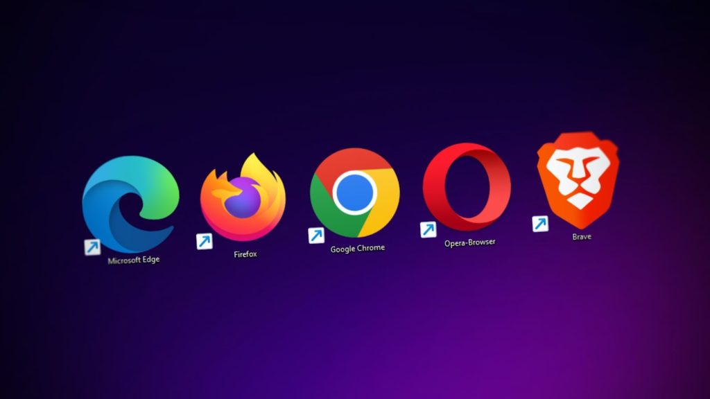 The image shows icons of Edge, Firefox, Chrome, Opera, and Brave web browsers against a purple background.