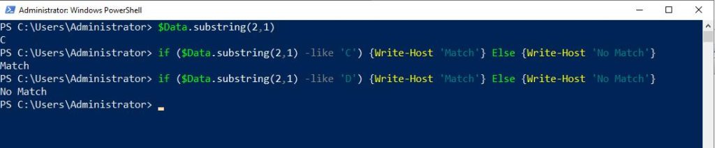 Screenshot of PowerShell window showing the letter C produces a match, but the letter D does not for $data when using the two if statements.