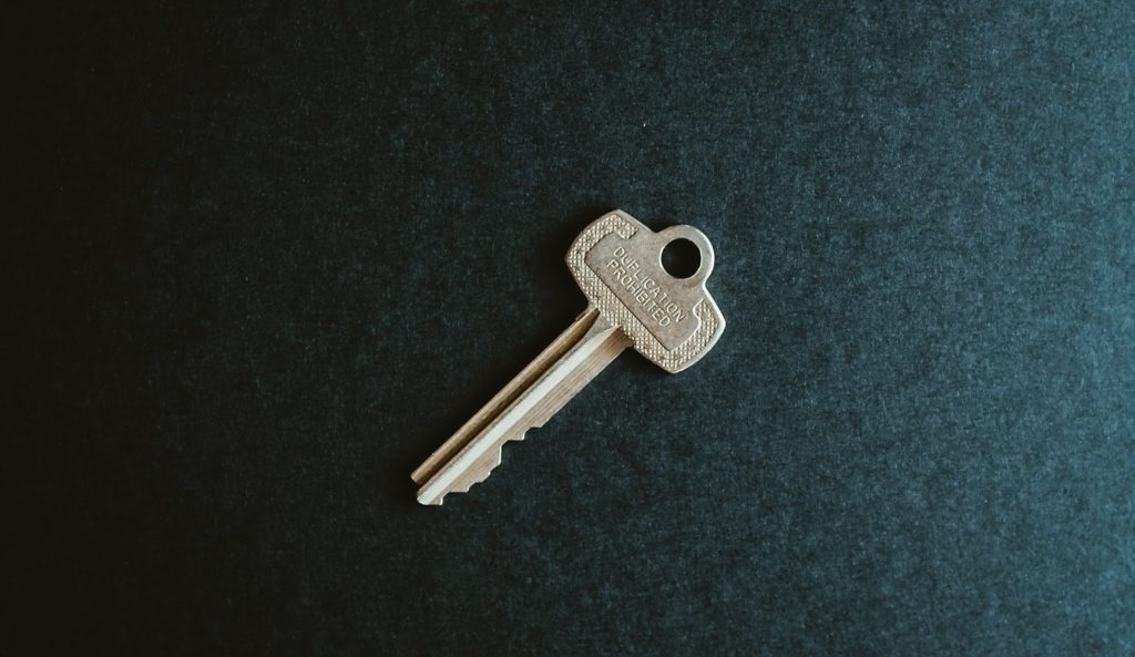 The image shows a silver-grey key against a black background.