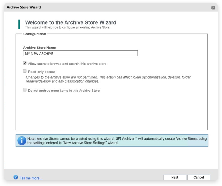 Screenshot of the GFI Archiver archive wizard.