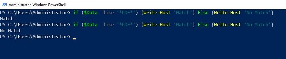Screenshot of a PowerShell console displaying the string CDE returned a match while CDF did not.