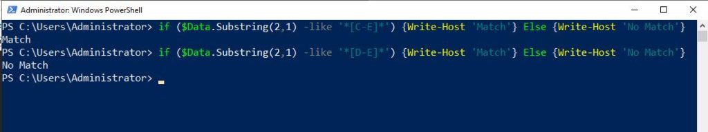 Screenshot of a PowerShell window showing how you can check the position of a character for a range of characters.