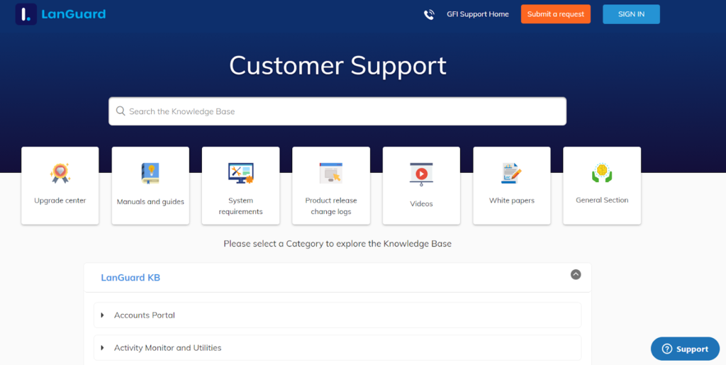 Screenshot of the GFI LanGuard customer support page.
