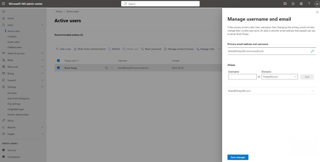 Screenshot showing the "Active users" tab in the Microsoft 365 admin center