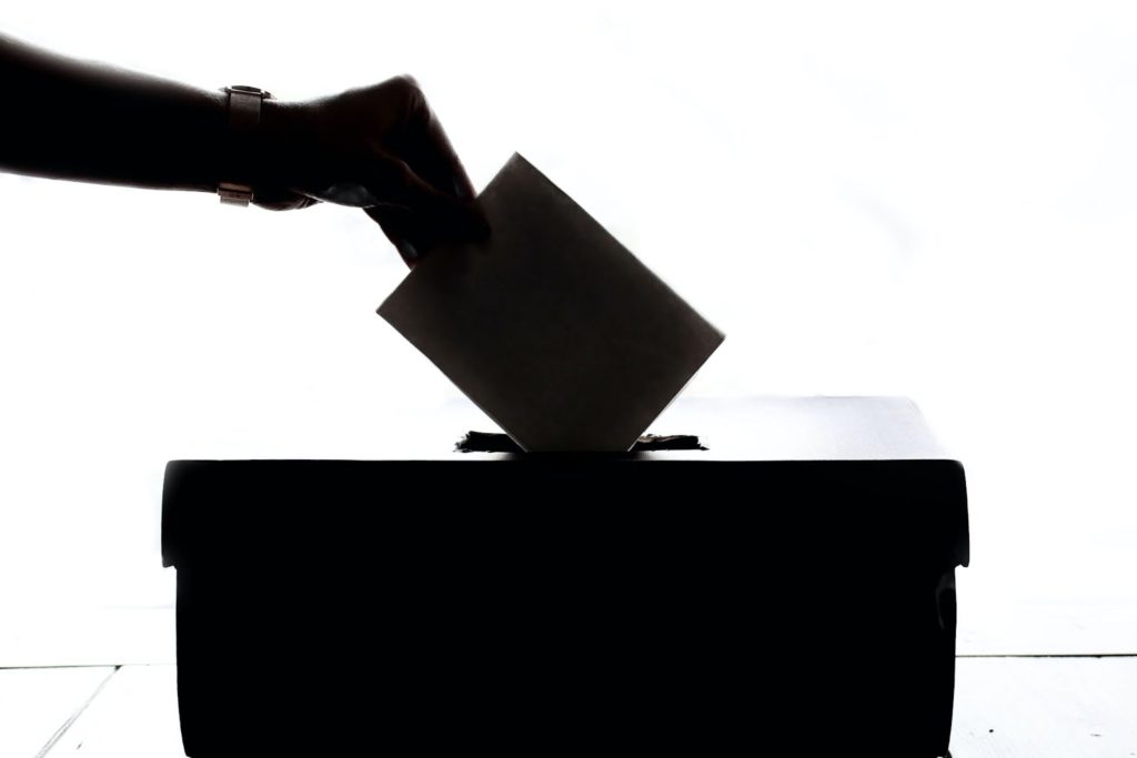 The image shows a silhouette of a hand, casting a vote into a ballot box.