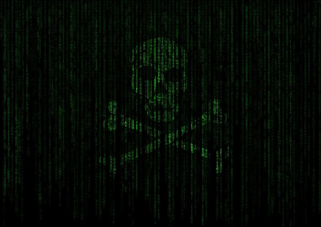 The image shows a green skull and cross bones made up of green code against a dark background made up of code.