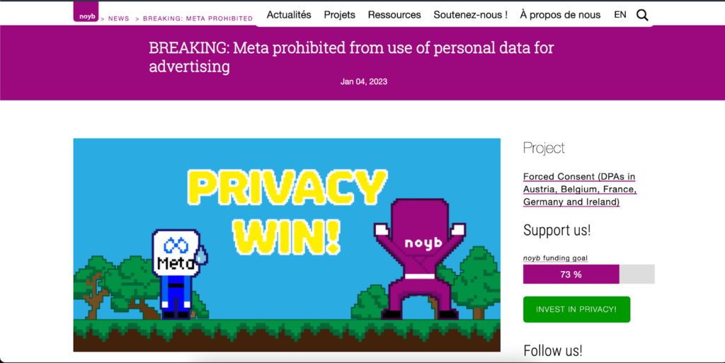 The image shows a snapshot of the NOYB page showing the Meta story, while an animation below declares it a victory for user privacy.  