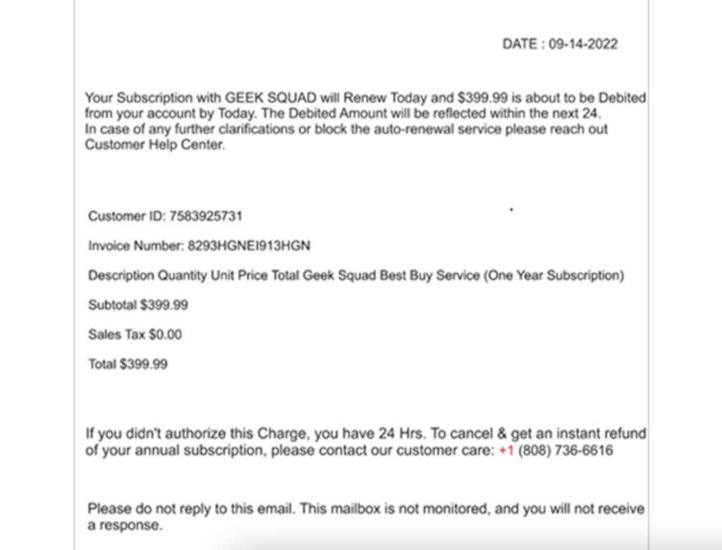 The image shows a sample fraud email for a product refund scam involving Geek Squad.