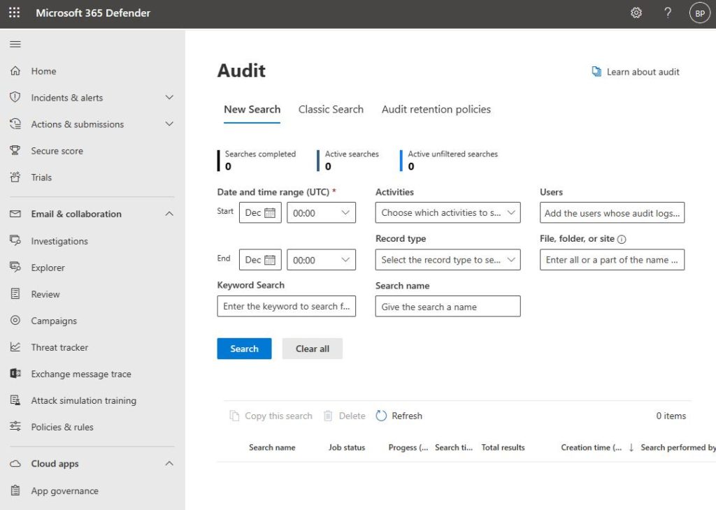 Screenshot of the Audit interface in Microsoft 365 Defender.