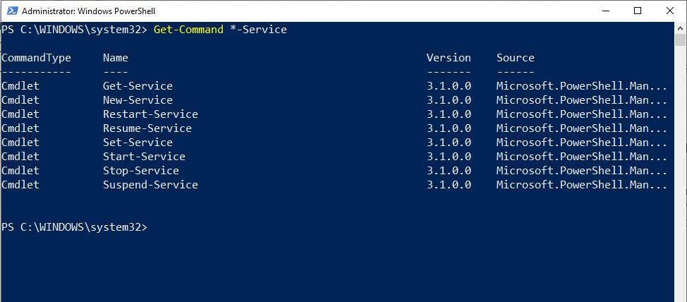 Screenshot of what's returned after executing Get-Command cmdlet in a PowerShell window.