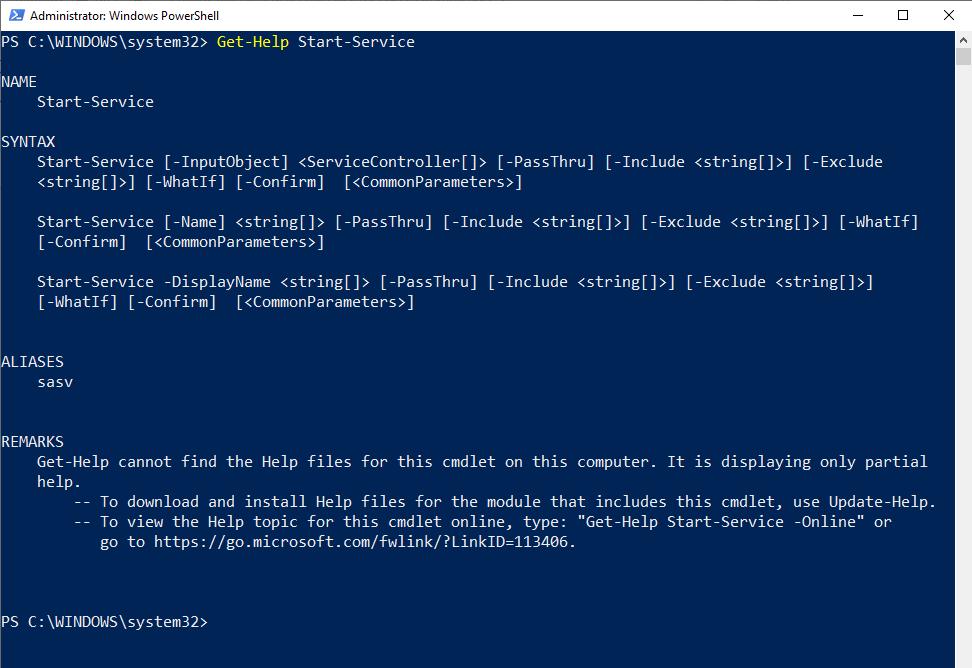 Screenshot of PowerShell window showing what's returned after executing the Get-Help cmdlet.