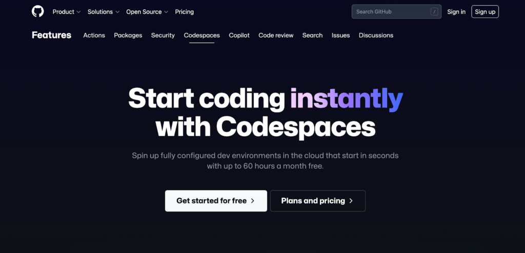 A snapshot from the official GitHub Codespaces website with a black background.