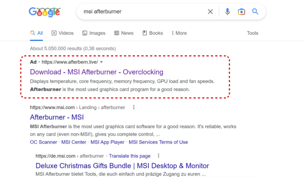 The image shows Google's SERP page, showing the fake site (afterbern.live) as the top result.